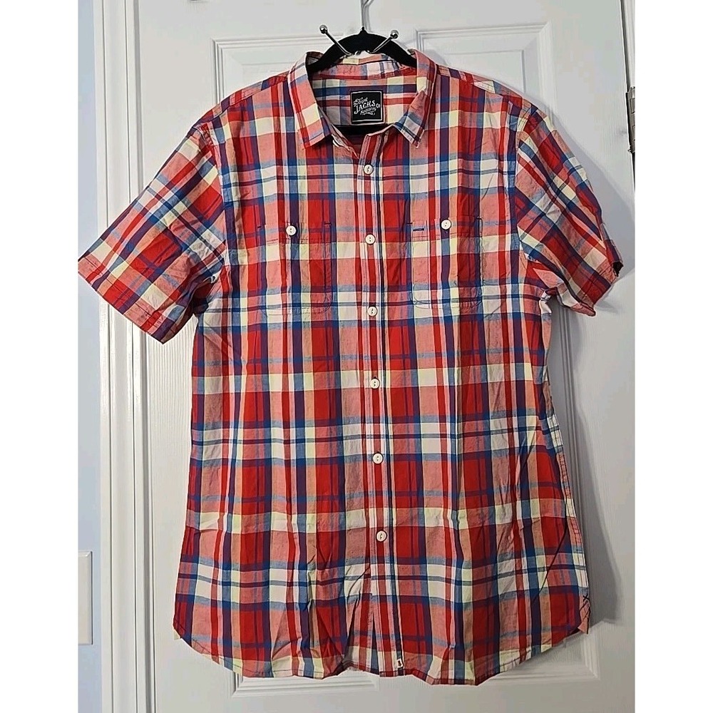New J.A.C.H.S‎ Button Down Shirt Short Sleeve Plaid Blue/Red/Beige XL Men's 379